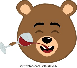 Ilustración vectorial cara marrón oso pardo dibujos animados bebiendo un vaso de vino