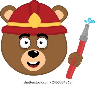 vector illustration face brown grizzly bear cartoon with a fireman helmet and a hose in hand with drops of water