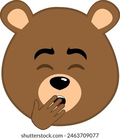 vector illustration face brown grizzly bear cartoon, yawning with hand over mouth