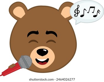 vector illustration face brown grizzly bear cartoon singing with a microphone in hand, a speech bubble and musical notes