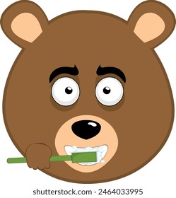 vector illustration face brown grizzly bear cartoon brushing his teeth with a toothbrush