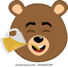 vector illustration face brown grizzly bear cartoon drinking a glass of beer