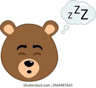 vector illustration face brown grizzly bear cartoon, sleeping and a cloud thought with the text zzz