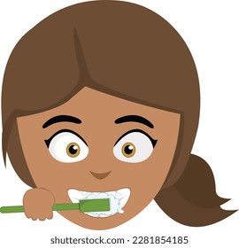 vector illustration face of a brunette girl brushing her teeth with a toothbrush
