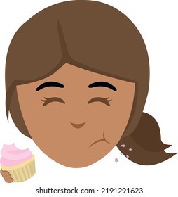 Vector Illustration Of The Face Of A Brunette Woman Cartoon Eating An Apple