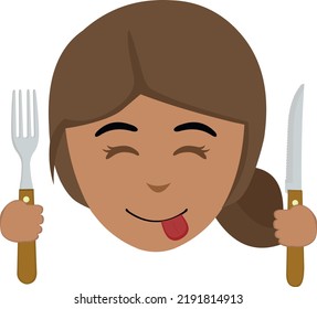 Dibujo vectorial de la cara de una mujer morena con un cuchillo y un tenedor en las manos