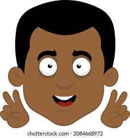 Vector illustration of the face of a cartoon African man making a gesture of love and peace or v victory with his hands