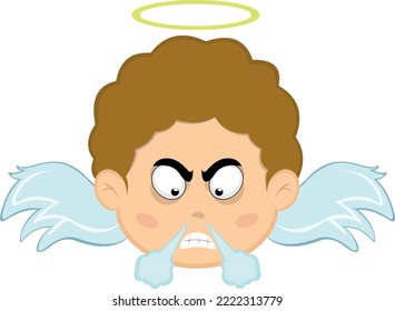 Vector illustration of the face of a cartoon angel boy with an angry expression and fuming