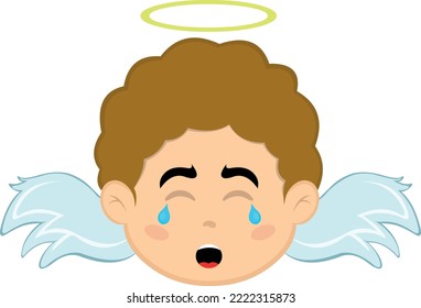 Vector illustration of the face of a cartoon angel boy with a sad expression, crying with tears in his eyes