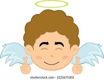 Vector illustration of the face of a cartoon angel boy with a happy expression and crossing his fingers