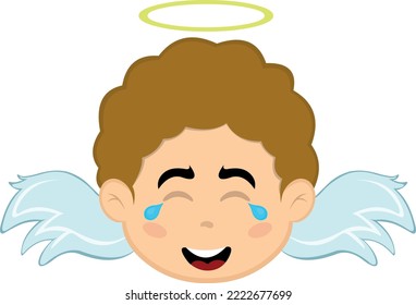 Vector illustration of the face of a cartoon angel boy with tears of joy and laughter