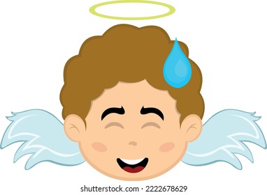 Vector illustration of the face of a cartoon angel boy with an embarrassed expression and a drop of sweat on his head