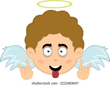 Vector illustration of the face of a cartoon angel boy with a happy expression, making the classic heavy metal gesture with his hands and tongue out