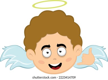 Vector illustration of the face of a cartoon angel with a happy expression, making the classic gesture with his hand of calling me on the phone or shake