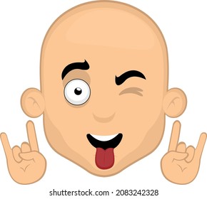 Vector illustration of the face of a cartoon bald man, making with his hands the classic heavy metal gesture, winking and with his tongue out