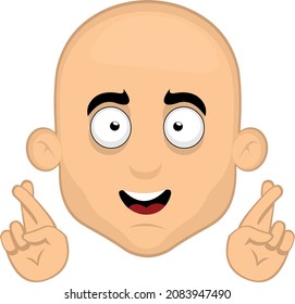 Ilustración vectorial de la cara de un calvo caricaturista cruzando los dedos de sus manos, en concepto de buena suerte