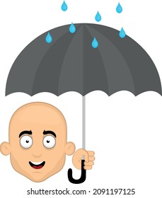 Vector illustration of the face of a cartoon bald man holding an umbrella with raindrops