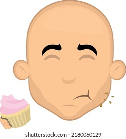 Vector Illustration Of The Face Of A Cartoon Bald Man Eating A Cupcake Or Muffin