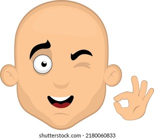 Ilustración vectorial de la cara de un calvo caricaturista haciendo un gesto bueno o perfecto con su mano