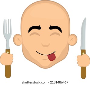 Vector illustration of the face of a cartoon bald man with a yummy expression, with a knife and fork in his hands