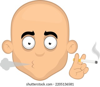 Vector illustration of the face of a cartoon bald man smoking with a cigarette in his hand