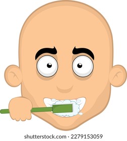 vector illustration face of a cartoon bald man brushing his teeth with a toothbrush