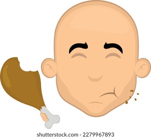 vector illustration face of a cartoon bald man eating a chicken leg