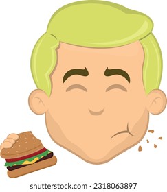 vector illustration face of a cartoon blond man eating a hamburger