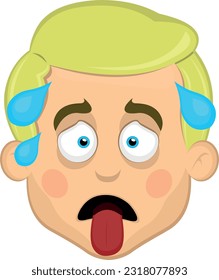 vector illustration face of cartoon blond man with blue eyes, exhausted with his tongue out and drops of sweat on his head