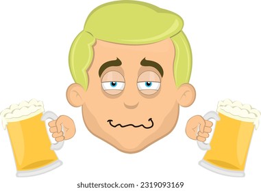 vector illustration face of cartoon blond man with blue eyes, drunk and beers in his hands