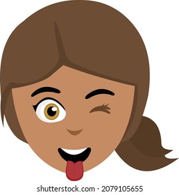 Vector illustration of the face of a cartoon brunette woman winking and with her tongue out