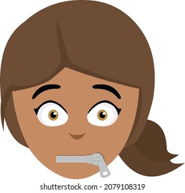Vector illustration of the face of a cartoon brunette woman with a zipper in her mouth