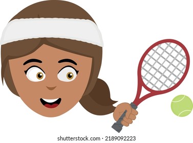 Vector Illustration Of The Face Of A Cartoon Brunette Woman With A Headband, A Racket And A Tennis Ball