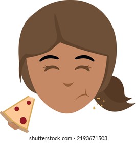 Vector illustration of the face of a cartoon brunette woman eating a piece of pizza