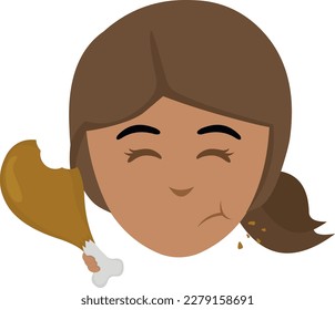 vector illustration face of a cartoon brunette girl eating a chicken leg