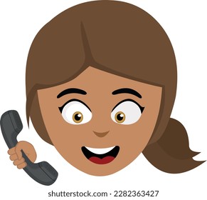 vector illustration face of a cartoon brunette girl talking on the phone