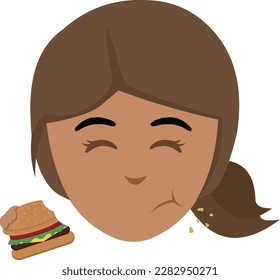 vector illustration face of a cartoon brunette woman or girl eating a hamburger