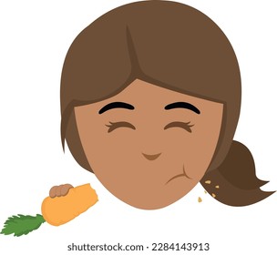 vector illustration face of a cartoon brunette girl eating a carrot