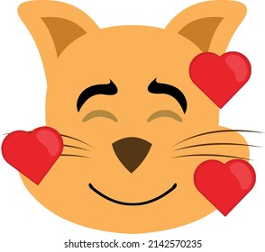 Vector illustration of the face of a cartoon cat with a happy expression and surrounded by hearts