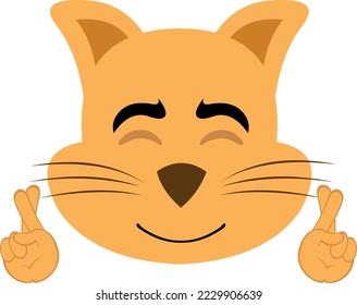 vector illustration of the face of a cartoon cat with a cheerful expression, crossing the fingers of the hands. As good luck or make a wish