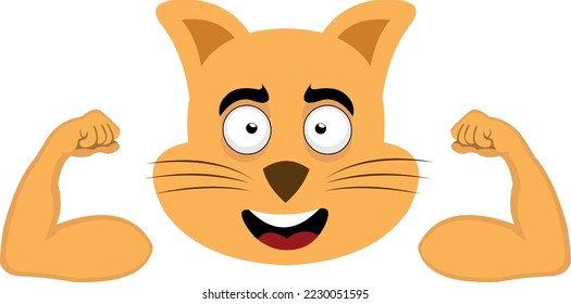 vector illustration of the face of a cartoon cat with a happy expression and showing the biceps of the arms