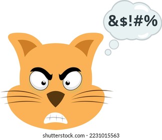 vector illustration of the face of a cartoon cat with an angry expression and a cloud of thought with an insult text