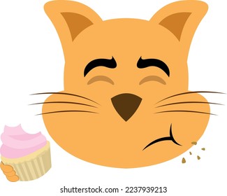 vector illustration of the face of a cartoon cat eating a cupcake or muffin