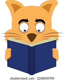 vector illustration of the face of a cartoon cat reading a book