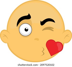 Ilustración vectorial de la cara de un personaje de caricatura, amarillo y calvo, dando un beso en forma de corazón