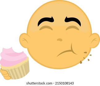 Vector illustration of the face of a cartoon character bald, yellow, eating and savoring a cupcake