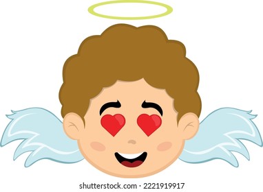 Vector illustration of the face of a cartoon child angel in love with heart shaped eyes
