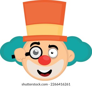 vector illustration face of a cartoon clown watching with a magnifying glass