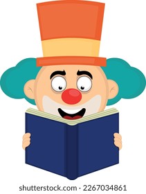 vector illustration face of a cartoon clown reading a book
