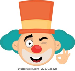 vector illustration face of a cartoon clown with a cheerful expression, winking and with his hands making a gesture of ok or perfect